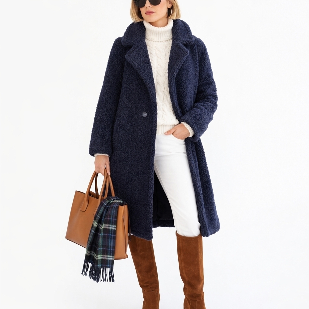 Talbots Preppy Sherpa Teddy Coat Cozy Lined Longline Winter Jacket Navy Small